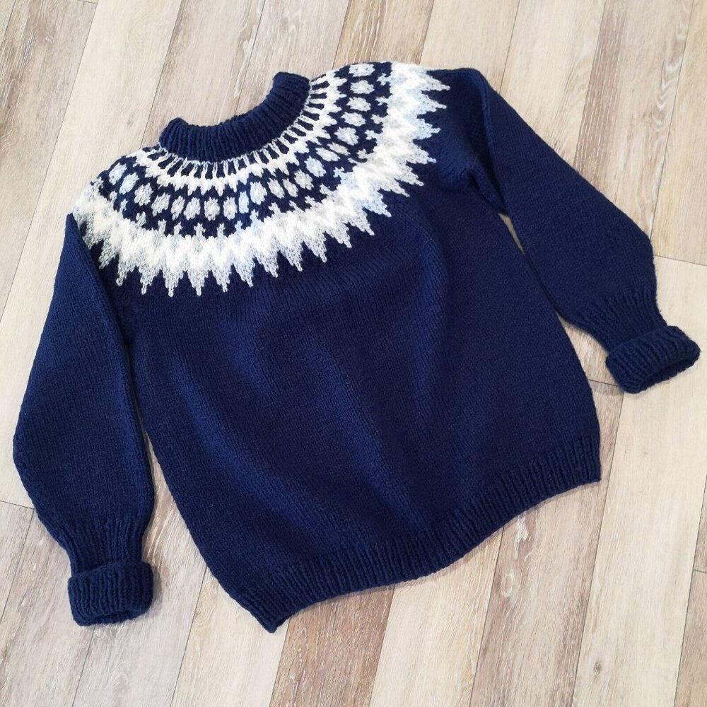 Vintage Wool Fair Isle Sweater Hand Knit Chunky Blue White Men's M Wom L Lovely